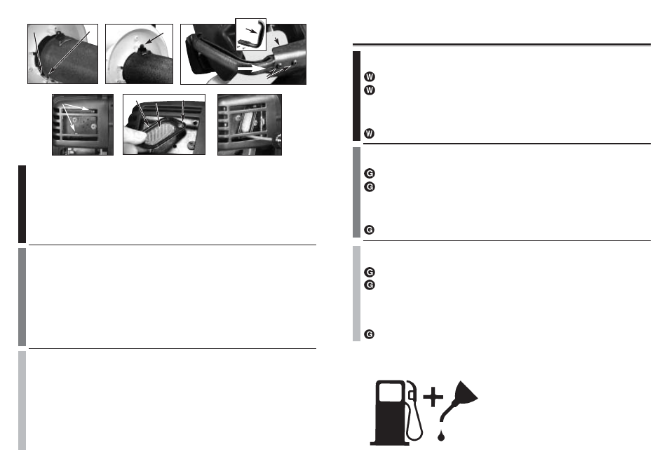 5. installation of spark arrester, 4. poignee laterale, 5. pose du pare-etincelles | 4. mango lateral, 5. instalacion del parachispas, 1. fuel, 2. mixing fuel, 1. carburant, 2. melange du carburant, 1. combustible | McCulloch MB3201 User Manual | Page 11 / 24
