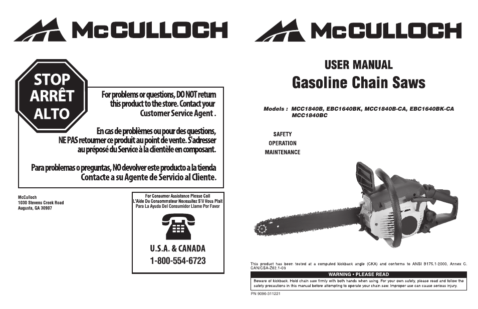 McCulloch MCC1840B-CA User Manual | 38 pages