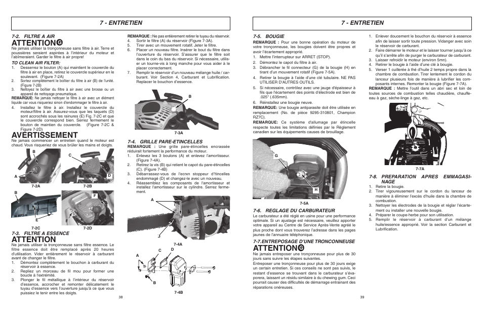 Attention, Avertissement, 7 - entretien | McCulloch MCC1840B-CA User Manual | Page 20 / 38