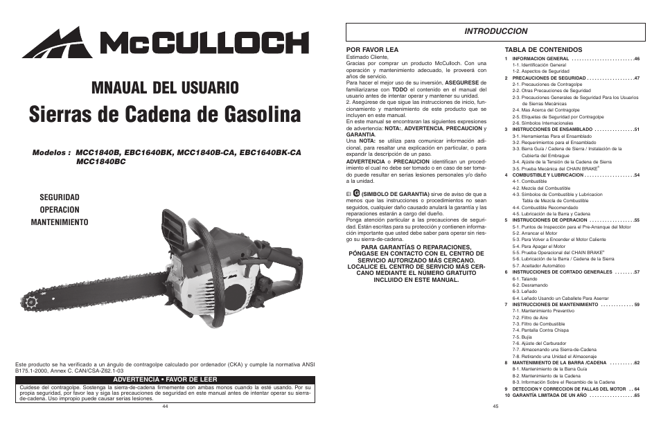 Sierras de cadena de gasolina, Mnaual del usuario, Introduccion | Seguridad operacion mantenimiento | McCulloch MCC1840B-CA User Manual | Page 23 / 38