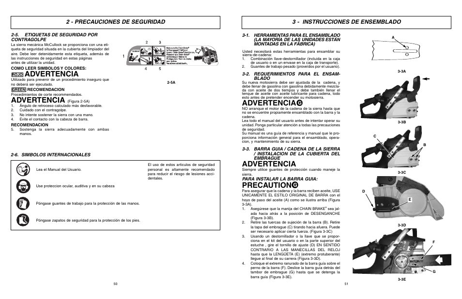 Advertencia, Precaution, 2 - precauciones de seguridad | 3 - instrucciones de ensemblado | McCulloch MCC1840B-CA User Manual | Page 26 / 38