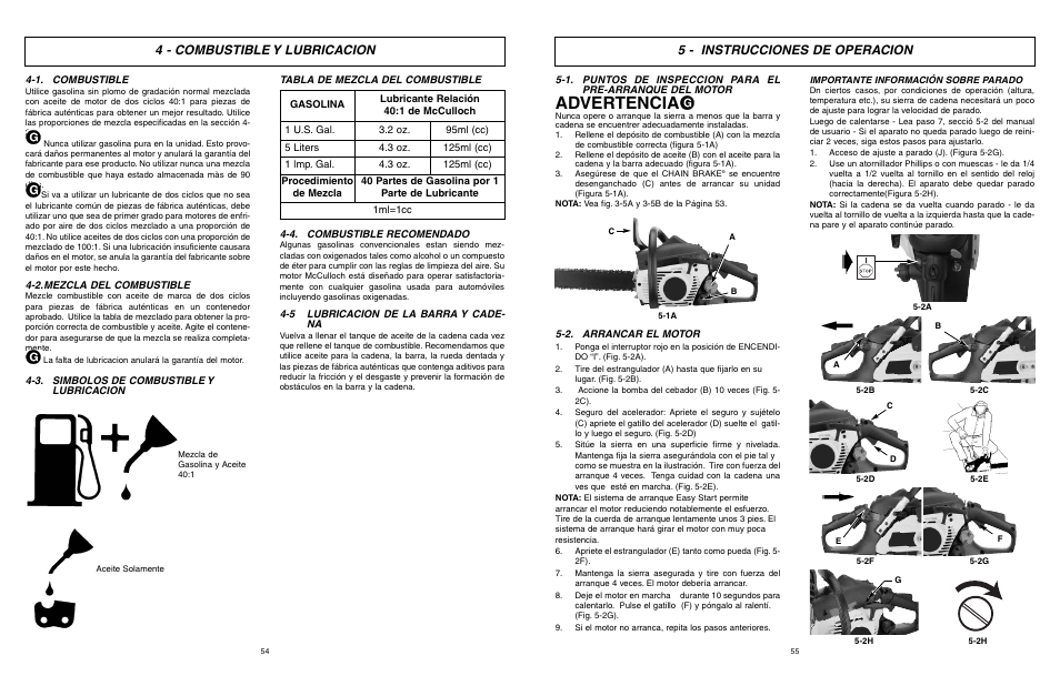 Advertencia, 4 - combustible y lubricacion, 5 - instrucciones de operacion | McCulloch MCC1840B-CA User Manual | Page 28 / 38