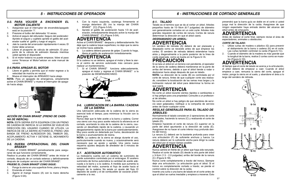 Advertencia, Precaucion, 5 - instrucciones de operacion | 6 - instrucciones de cortado generales | McCulloch MCC1840B-CA User Manual | Page 29 / 38