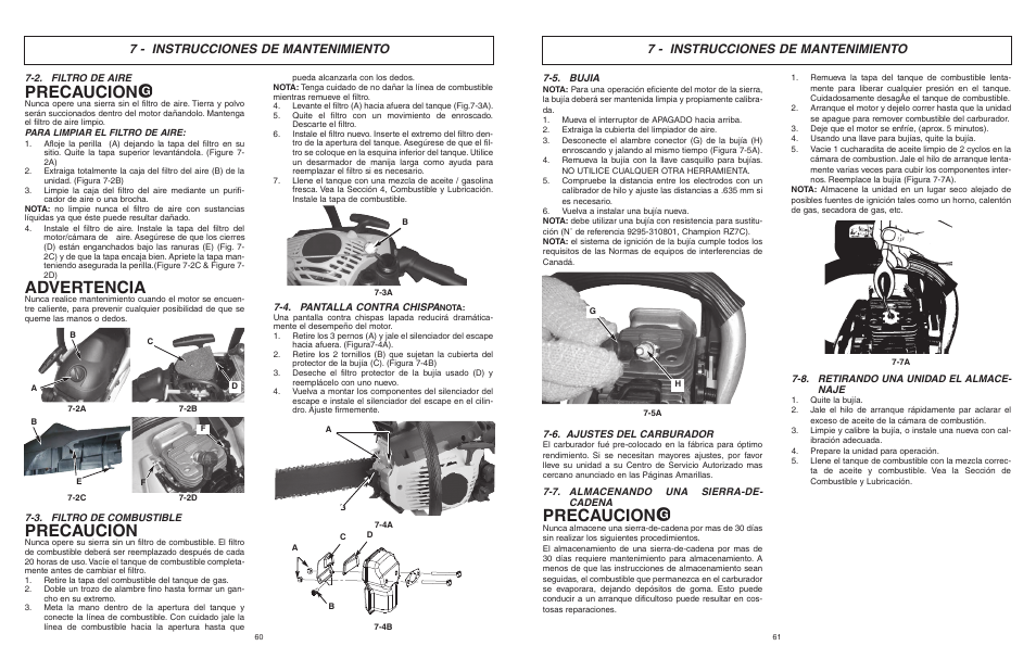 Precaucion, Advertencia, 7 - instrucciones de mantenimiento | McCulloch MCC1840B-CA User Manual | Page 31 / 38