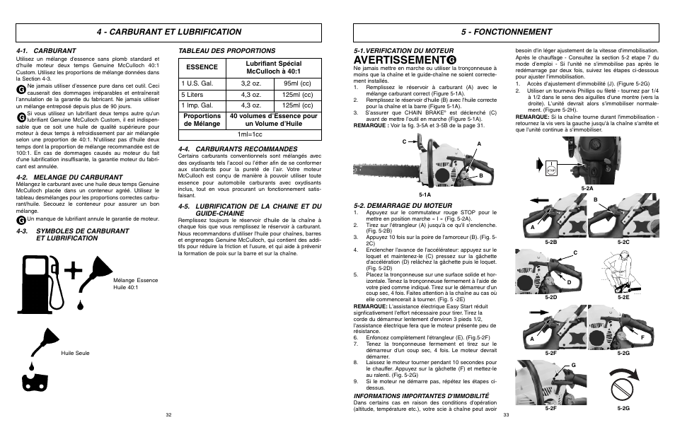 Avertissement, 5 - fonctionnement, 4 - carburant et lubrification | McCulloch MXC1640D User Manual | Page 17 / 36