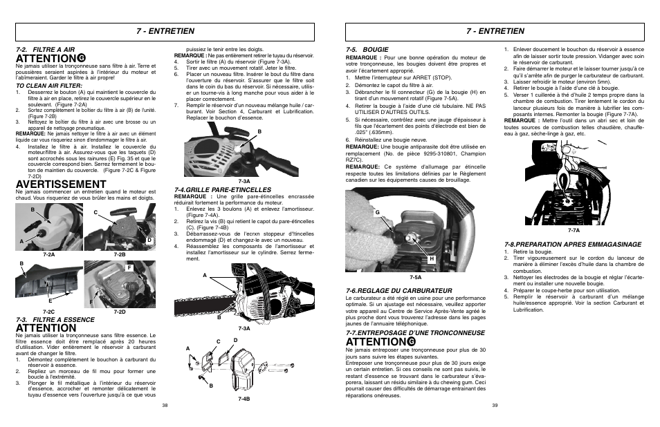 Attention, Avertissement, 7 - entretien | McCulloch MXC1640D User Manual | Page 20 / 36