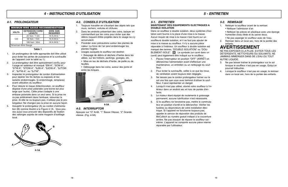 Avertissement, 5 - entretien, 4 - instructions d’utilisation | McCulloch MCB2205 User Manual | Page 10 / 18