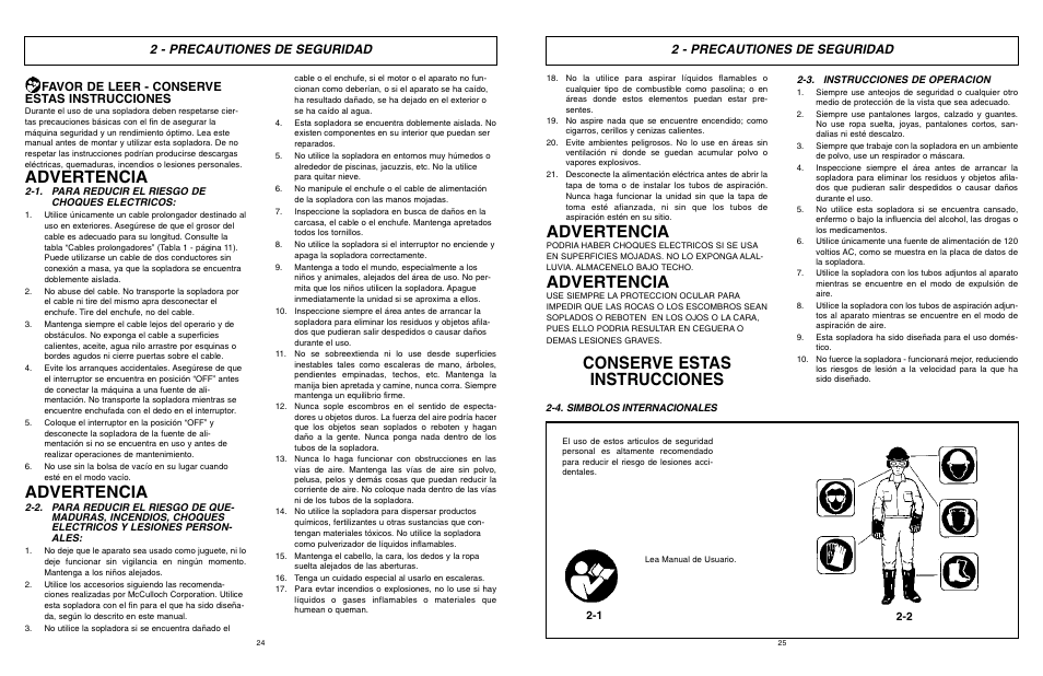 Advertencia, Conserve estas instrucciones, 2 - precautiones de seguridad | Favor de leer - conserve estas instrucciones | McCulloch MCB2205 User Manual | Page 13 / 18