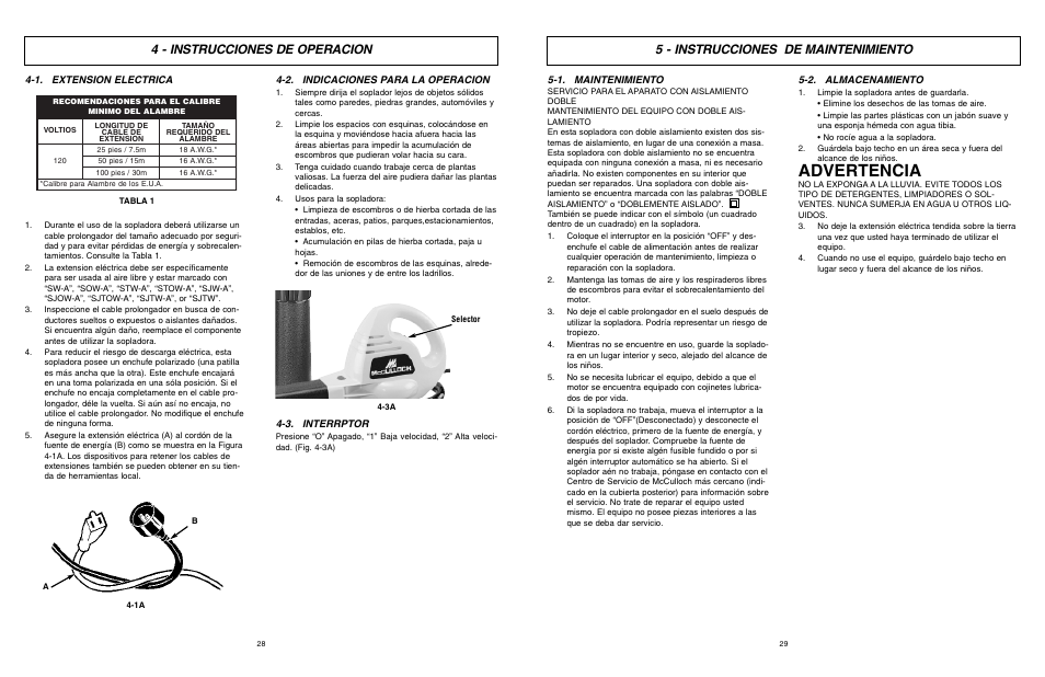 Advertencia, 5 - instrucciones de maintenimiento, 4 - instrucciones de operacion | McCulloch MCB2205 User Manual | Page 15 / 18