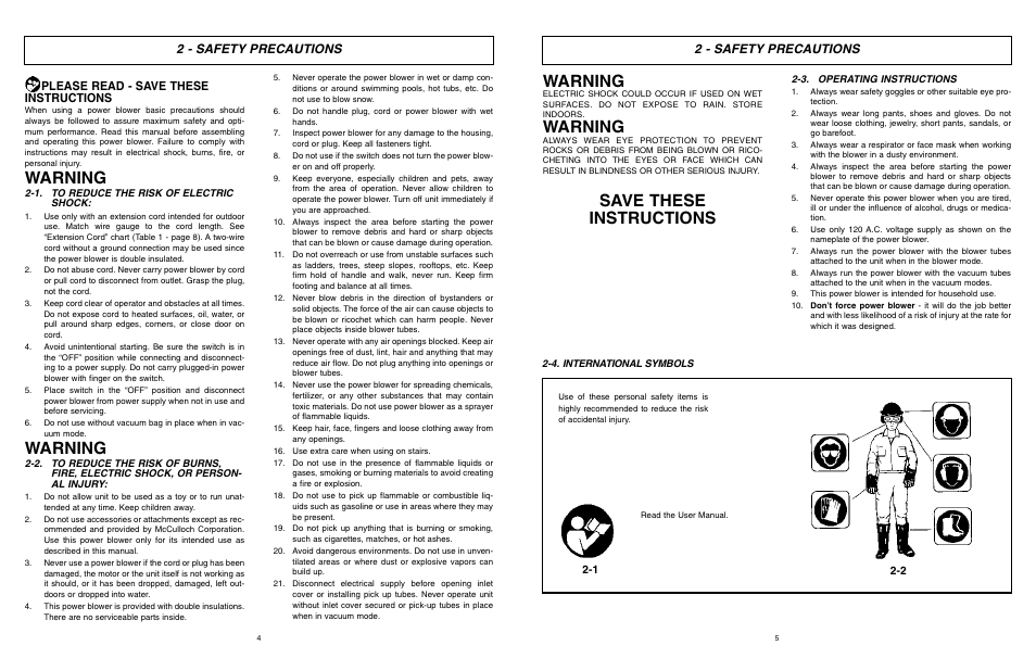 Warning, Save these instructions, 2 - safety precautions | Please read - save these instructions | McCulloch MCB2205 User Manual | Page 3 / 18