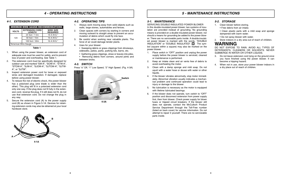 Warning, 5 - maintenance instructions, 4 - operating instructions | McCulloch MCB2205 User Manual | Page 5 / 18