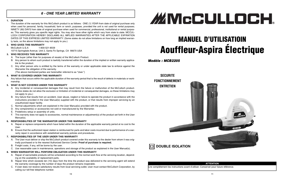 Aouffleur-aspira électrique, Manuel d’utilisatioin, 6 - one year limited warranty | Securite fonctionnement entretien modèle : mcb2205, Double isolation | McCulloch MCB2205 User Manual | Page 6 / 18