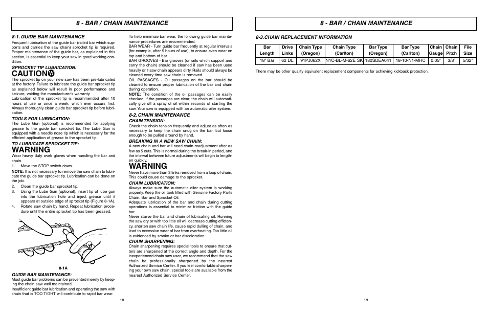 Caution, Warning, 8 - bar / chain maintenance | McCulloch Eager Beaver EBC1840DK User Manual | Page 10 / 33