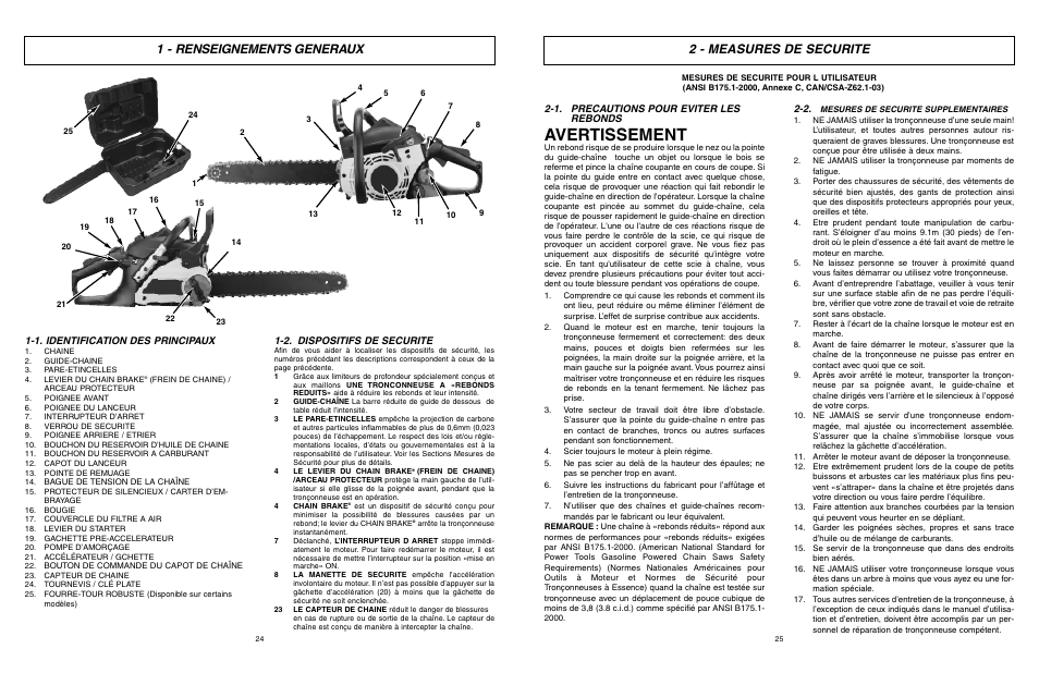 Avertissement, 2 - measures de securite, 1 - renseignements generaux | 1. precautions pour eviter les rebonds, 1. identification des principaux, 2. dispositifs de securite | McCulloch Eager Beaver EBC1840DK User Manual | Page 13 / 33