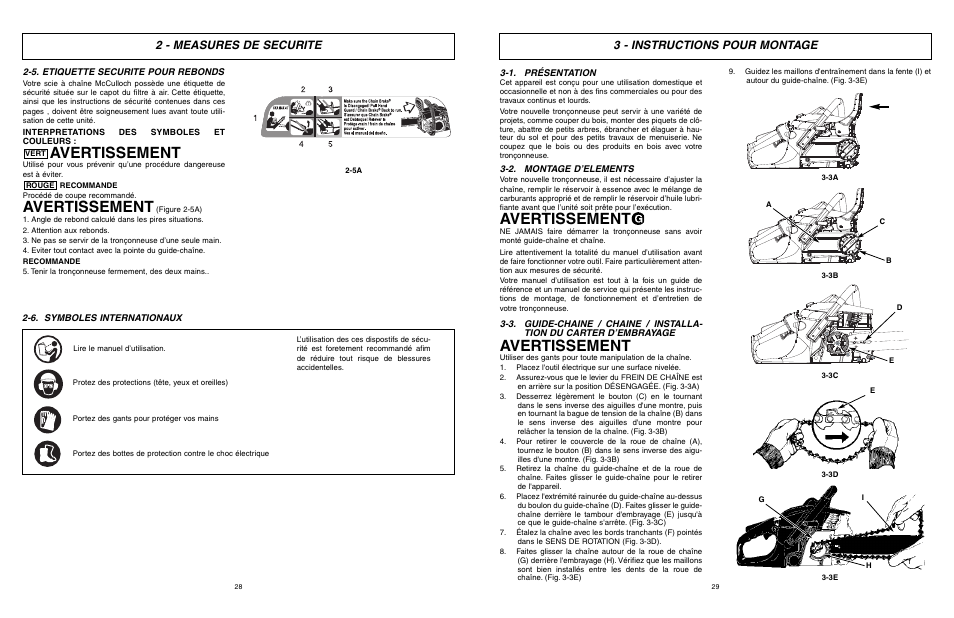 Avertissement, 3 - instructions pour montage, 2 - measures de securite | McCulloch Eager Beaver EBC1840DK User Manual | Page 15 / 33