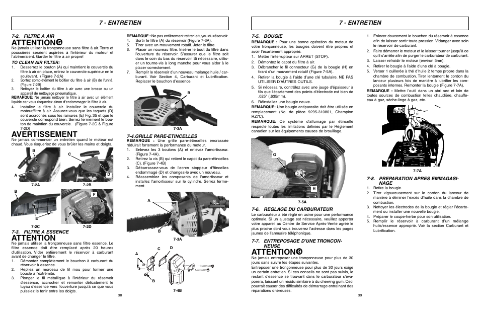 Attention, Avertissement, 7 - entretien | McCulloch Eager Beaver EBC1840DK User Manual | Page 20 / 33