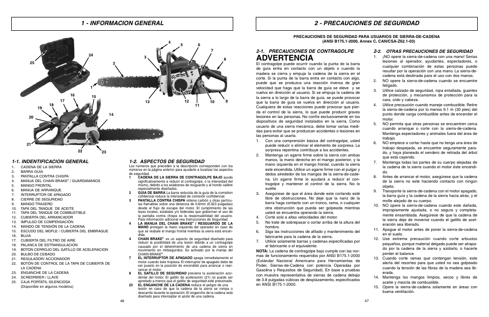 Advertencia, 2 - precauciones de seguridad, 1 - informacion general | 1. indentificacion general, 2. aspectos de seguridad, 1. precauciones de contragolpe | McCulloch Eager Beaver EBC1840DK User Manual | Page 24 / 33