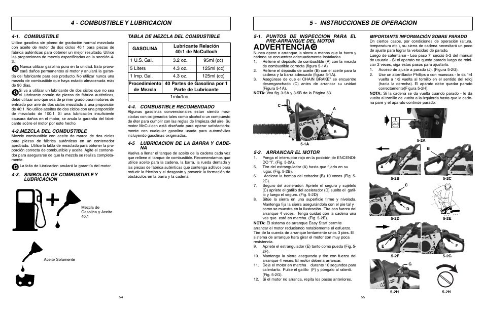 Advertencia, 4 - combustible y lubricacion, 5 - instrucciones de operacion | McCulloch Eager Beaver EBC1840DK User Manual | Page 28 / 33