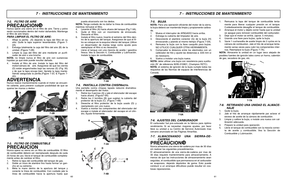 Precaucion, Advertencia, 7 - instrucciones de mantenimiento | McCulloch Eager Beaver EBC1840DK User Manual | Page 31 / 33