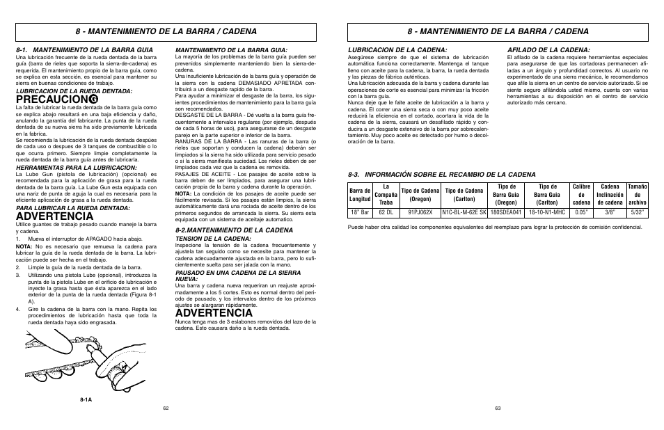 Precaucion, Advertencia, 8 - mantenimiento de la barra / cadena | McCulloch Eager Beaver EBC1840DK User Manual | Page 32 / 33