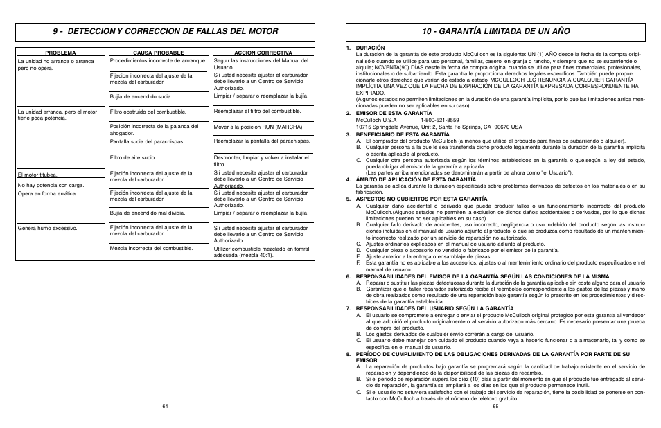 9 - deteccion y correccion de fallas del motor, 10 - garantía limitada de un año | McCulloch Eager Beaver EBC1840DK User Manual | Page 33 / 33