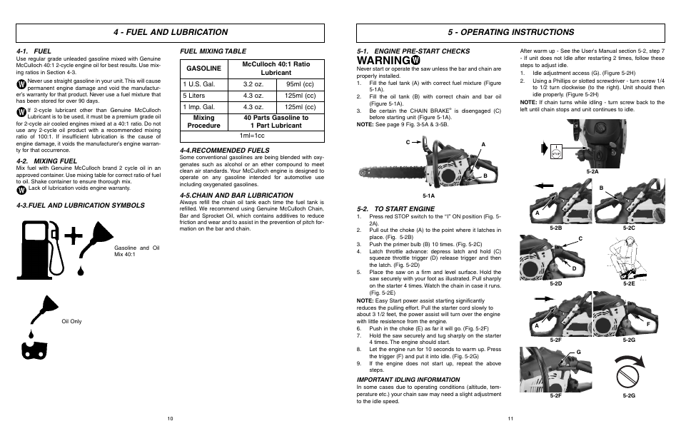 Warning, 4 - fuel and lubrication, 5 - operating instructions | McCulloch Eager Beaver EBC1840DK User Manual | Page 6 / 33