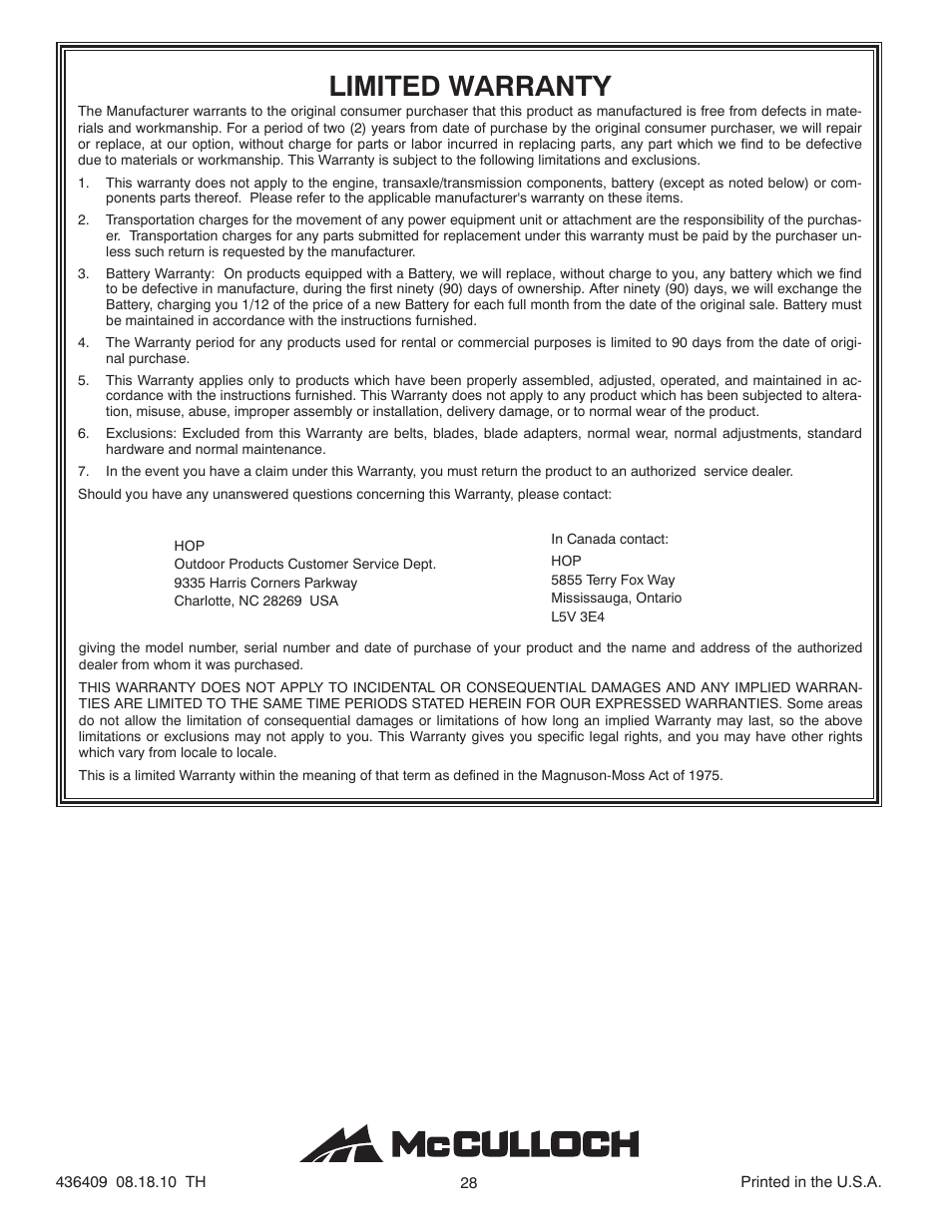 Limited warranty | McCulloch 96188000300 User Manual | Page 28 / 28