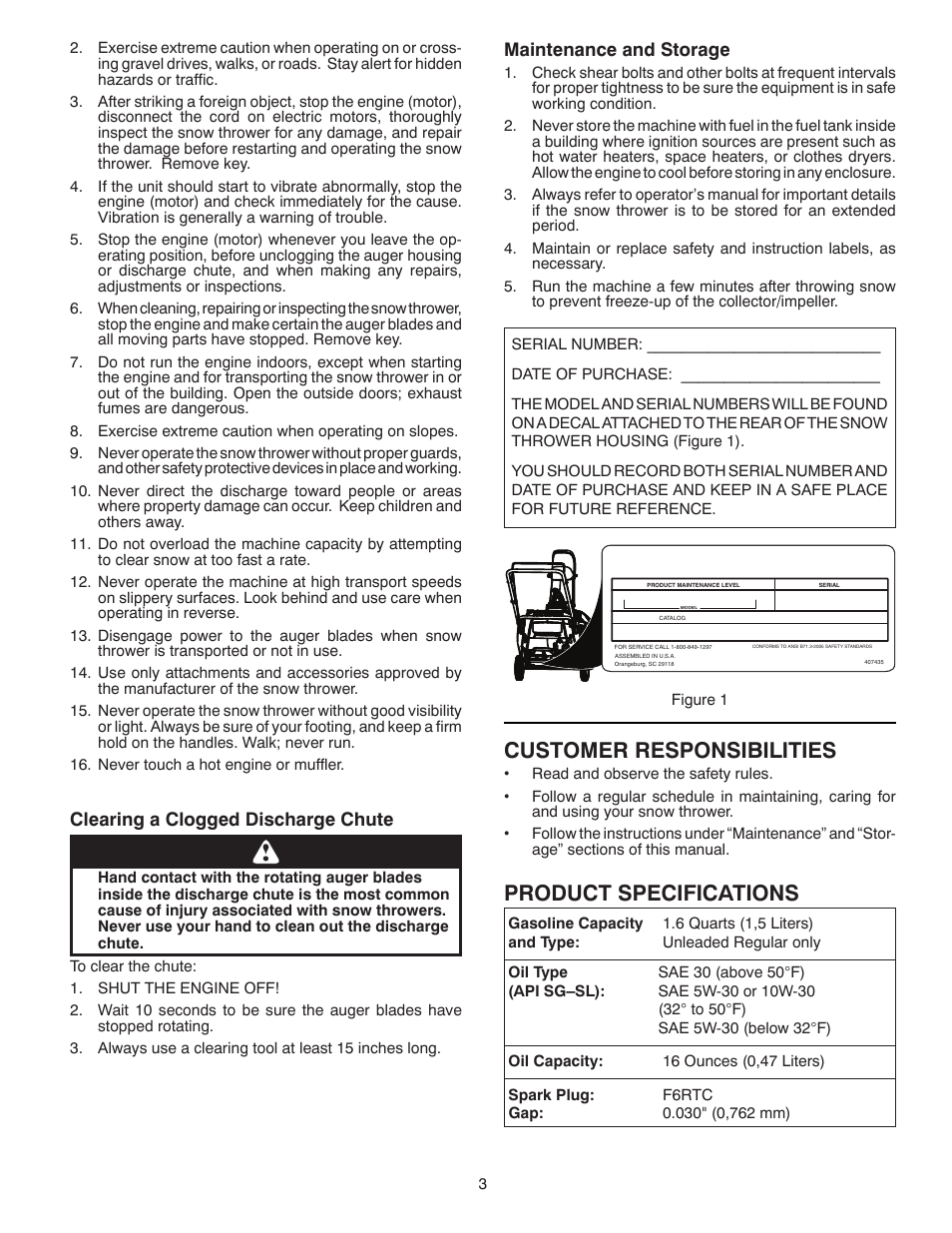 Product specifications, Customer responsibilities, Clearing a clogged discharge chute | Maintenance and storage | McCulloch 96188000300 User Manual | Page 3 / 28