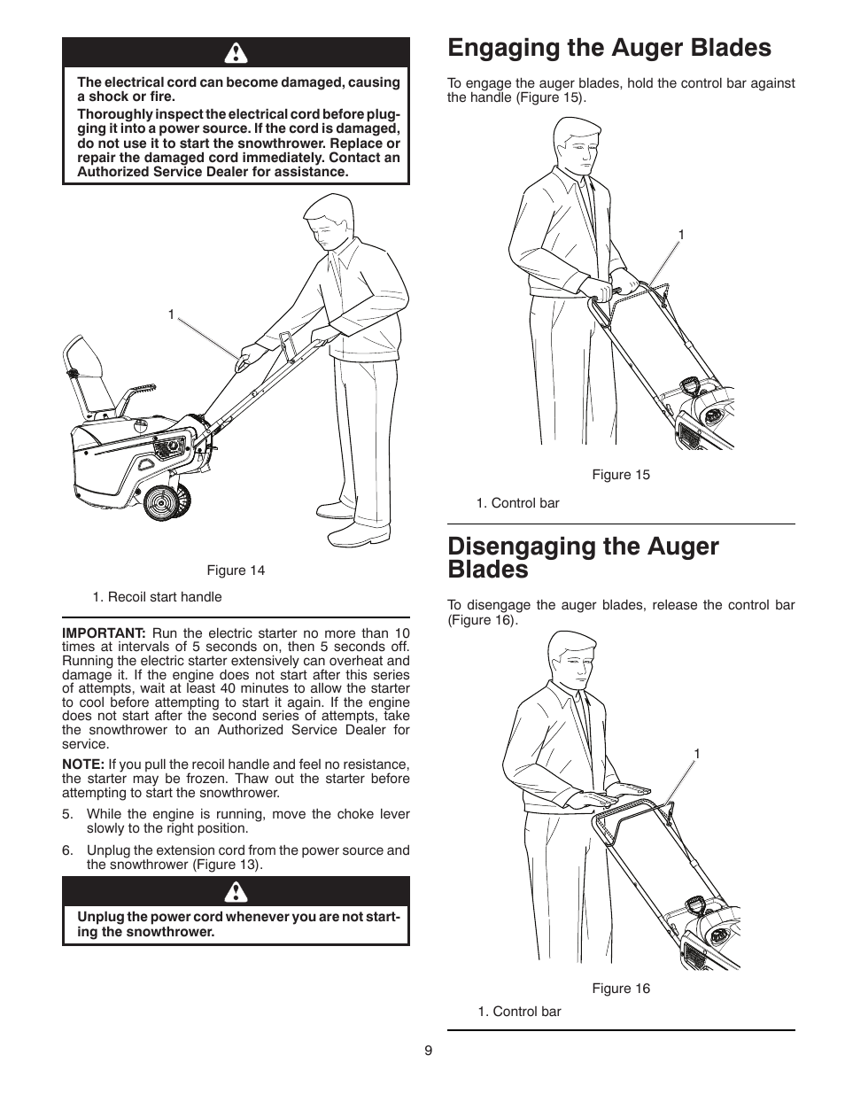 Engaging the auger blades, Disengaging the auger blades | McCulloch 96188000300 User Manual | Page 9 / 28