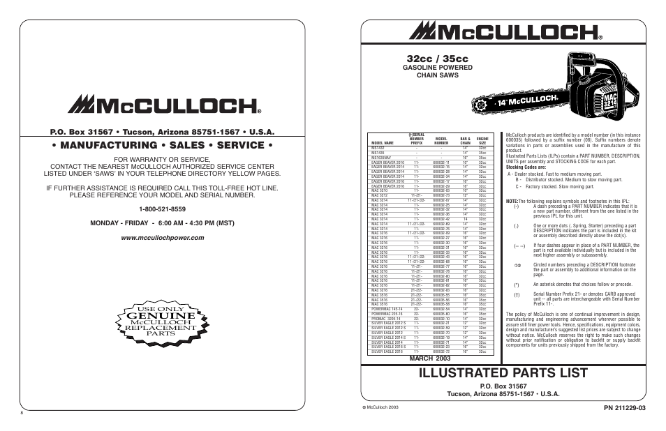 Illustrated parts list, 32cc / 35cc, Manufacturing • sales • service | Genuine, Gasoline powered chain saws march 2003, Use only, Mcculloch replacement parts | McCulloch MS1432 User Manual | Page 8 / 8