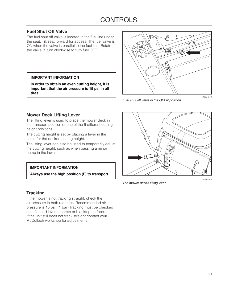 Fuel shut off valve, Mower deck lifting lever, Tracking | Controls | McCulloch ZM3816 BF User Manual | Page 21 / 56
