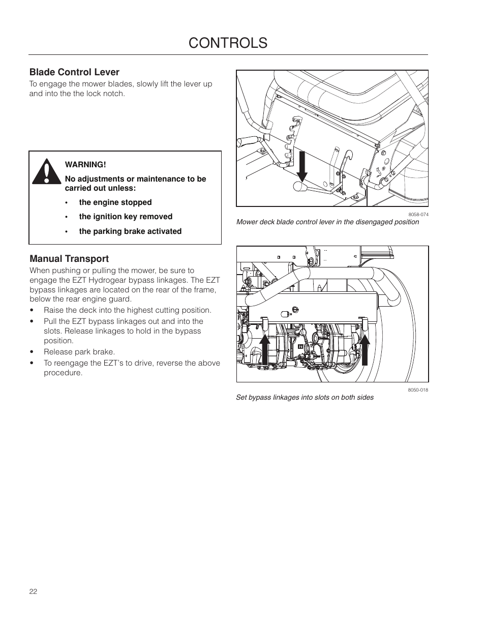 Blade control lever, Manual transport, Controls | McCulloch ZM3816 BF User Manual | Page 22 / 56