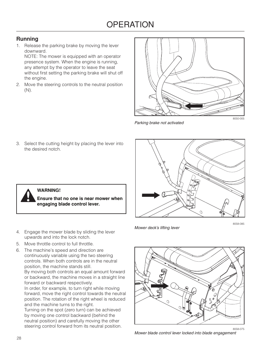 Running, Operation | McCulloch ZM3816 BF User Manual | Page 28 / 56