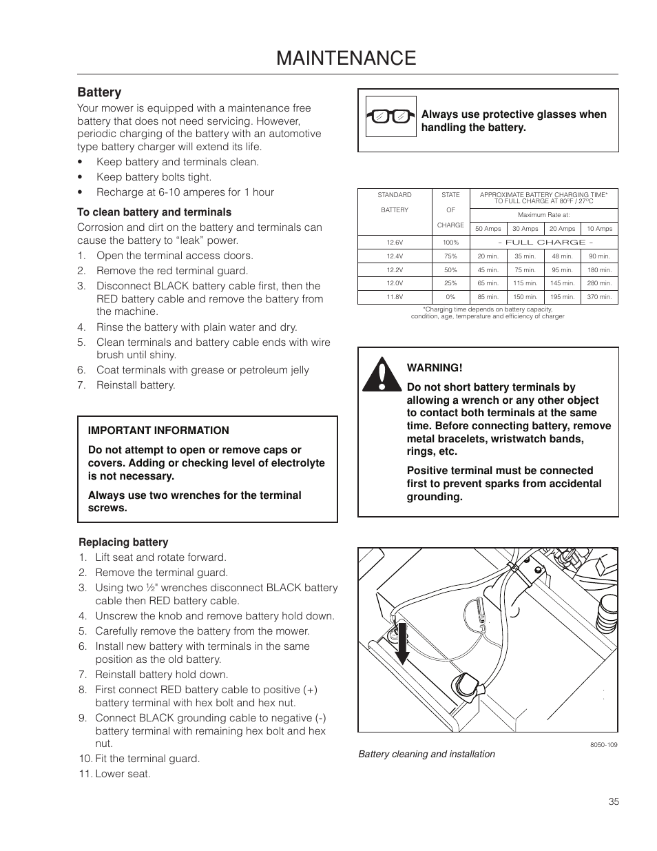 Battery, Maintenance | McCulloch ZM3816 BF User Manual | Page 35 / 56