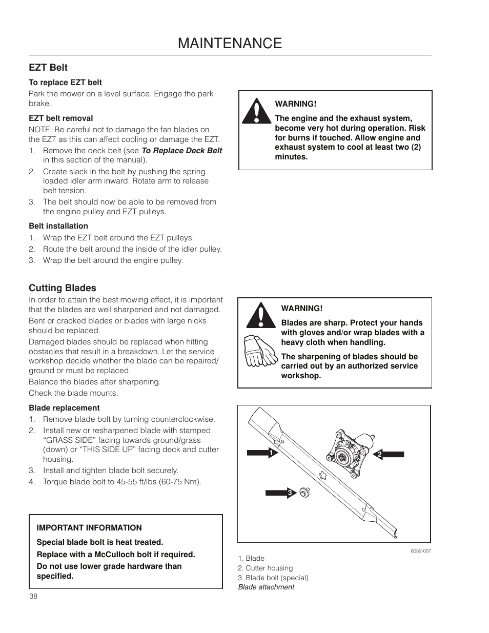 Ezt belt, Cutting blades, Blade replacement | Maintenance | McCulloch ZM3816 BF User Manual | Page 38 / 56
