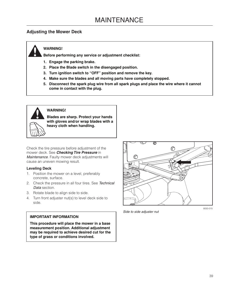 Adjusting the mower deck, Leveling deck, Maintenance | McCulloch ZM3816 BF User Manual | Page 39 / 56