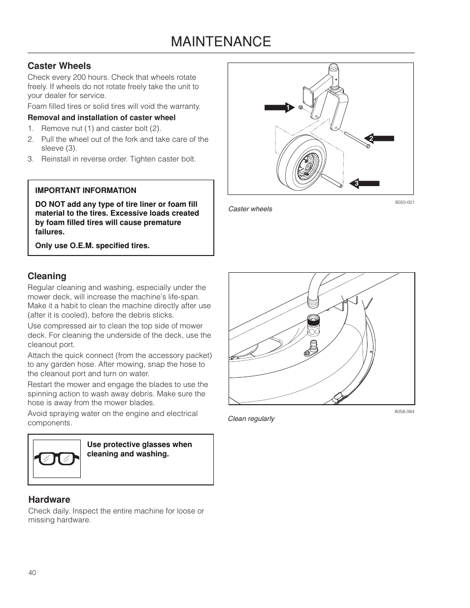 Caster wheels, Cleaning, Hardware | Maintenance | McCulloch ZM3816 BF User Manual | Page 40 / 56