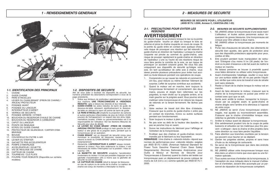 Avertissement, 2 - measures de securite, 1 - renseignements generaux | 1. precautions pour eviter les rebonds, 1. identification des principaux, 2. dispositifs de securite | McCulloch MCC1435A User Manual | Page 13 / 37