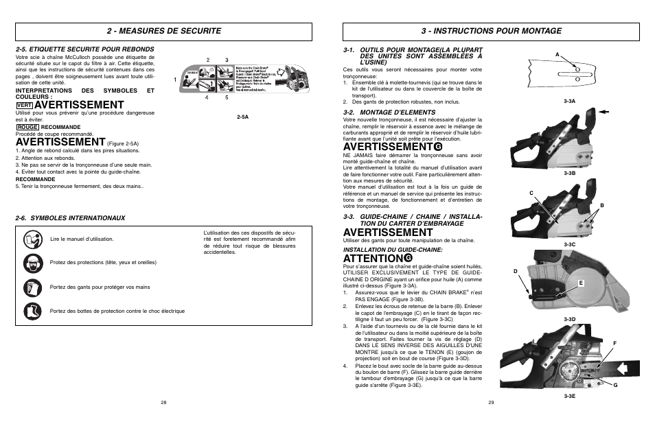 Avertissement, Attention, 3 - instructions pour montage | 2 - measures de securite | McCulloch MCC1435A User Manual | Page 15 / 37