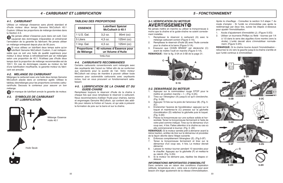 Avertissement, 5 - fonctionnement, 4 - carburant et lubrification | McCulloch MCC1435A User Manual | Page 17 / 37