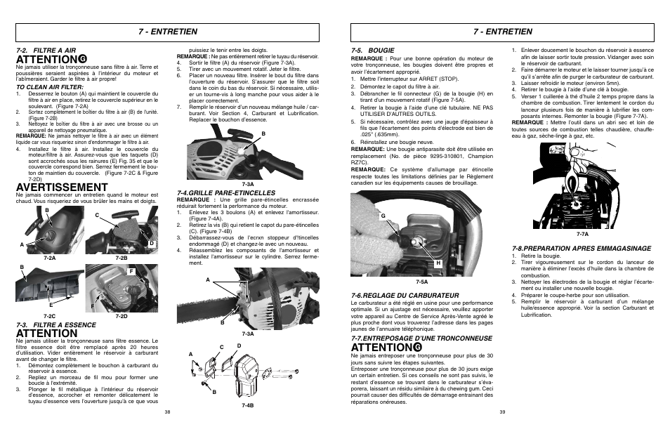 Attention, Avertissement, 7 - entretien | McCulloch MCC1435A User Manual | Page 20 / 37
