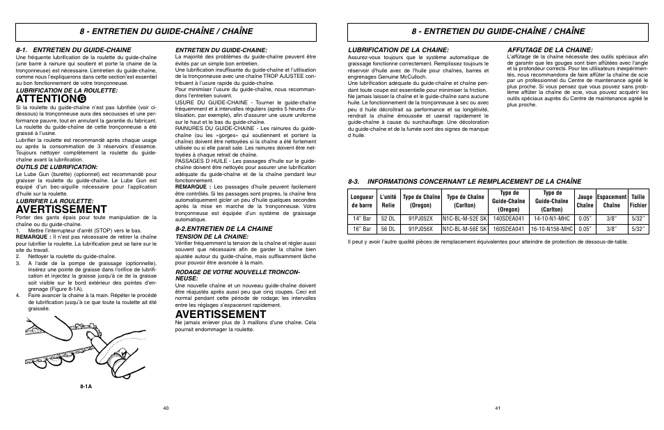 Attention, Avertissement, 8 - entretien du guide-chaîne / chaîne | McCulloch MCC1435A User Manual | Page 21 / 37