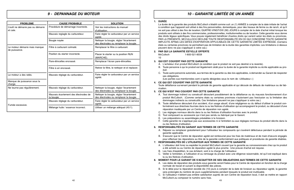 9 - depannage du moteur, 10 - garantie limitée de un année | McCulloch MCC1435A User Manual | Page 22 / 37