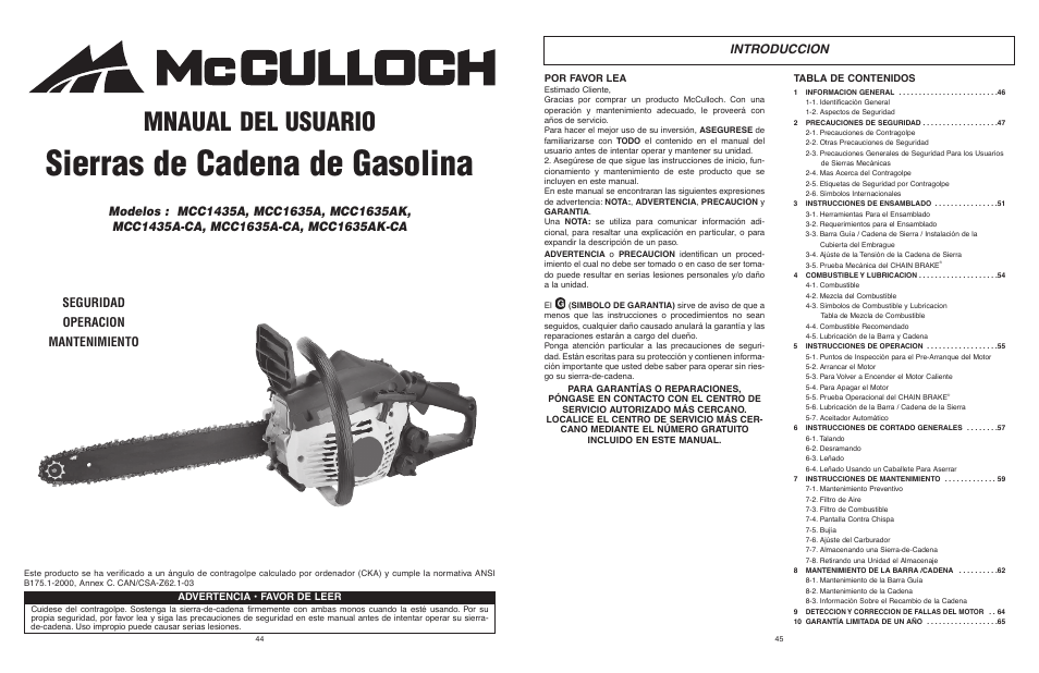 Sierras de cadena de gasolina, Mnaual del usuario, Introduccion | Seguridad operacion mantenimiento | McCulloch MCC1435A User Manual | Page 23 / 37