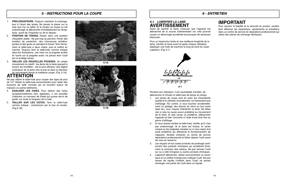 Attention, Avertissement, Important | 5 - instructions pour la coupe, 6 - entretien | McCulloch MCT203A20 User Manual | Page 10 / 17