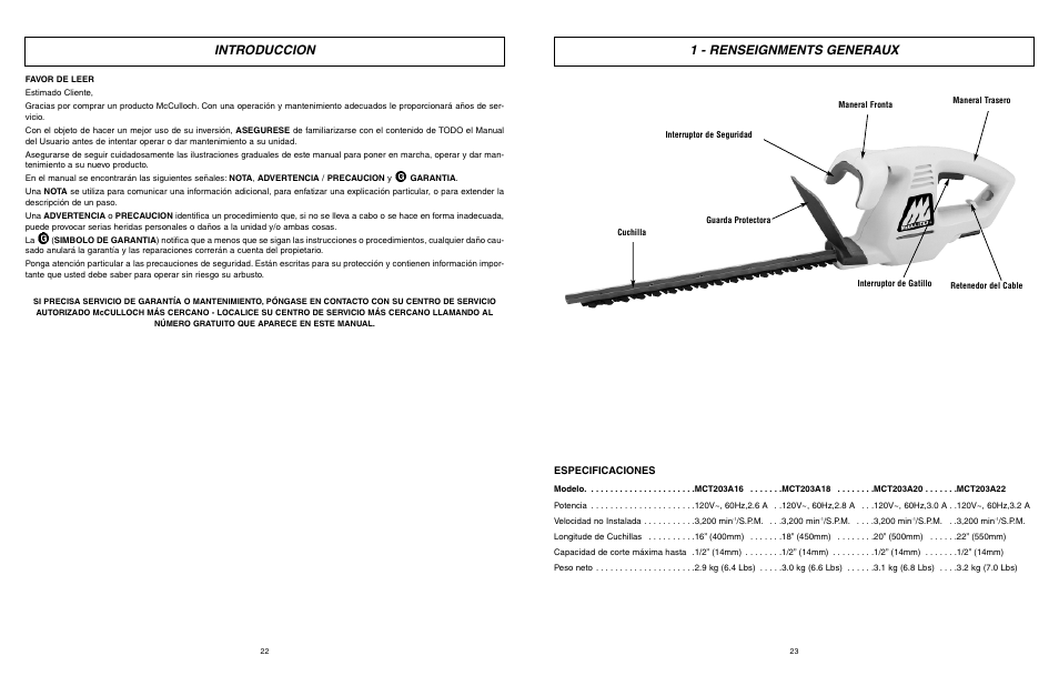 1 - renseignments generaux, Introduccion, Especificaciones | McCulloch MCT203A20 User Manual | Page 12 / 17