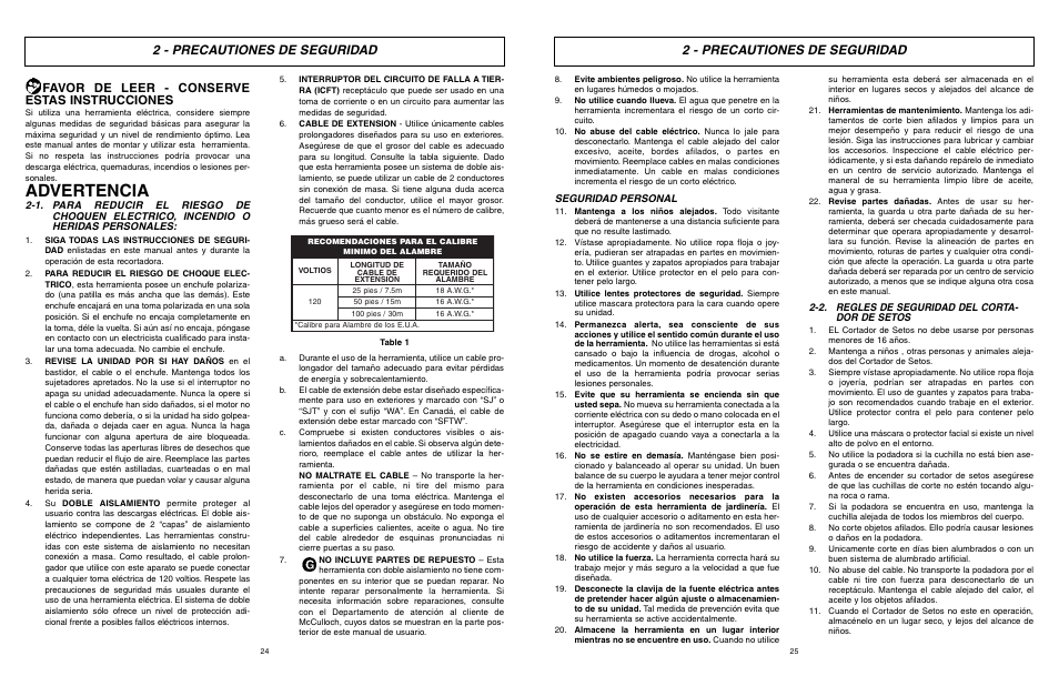 Advertencia, 2 - precautiones de seguridad, Favor de leer - conserve estas instrucciones | McCulloch MCT203A20 User Manual | Page 13 / 17