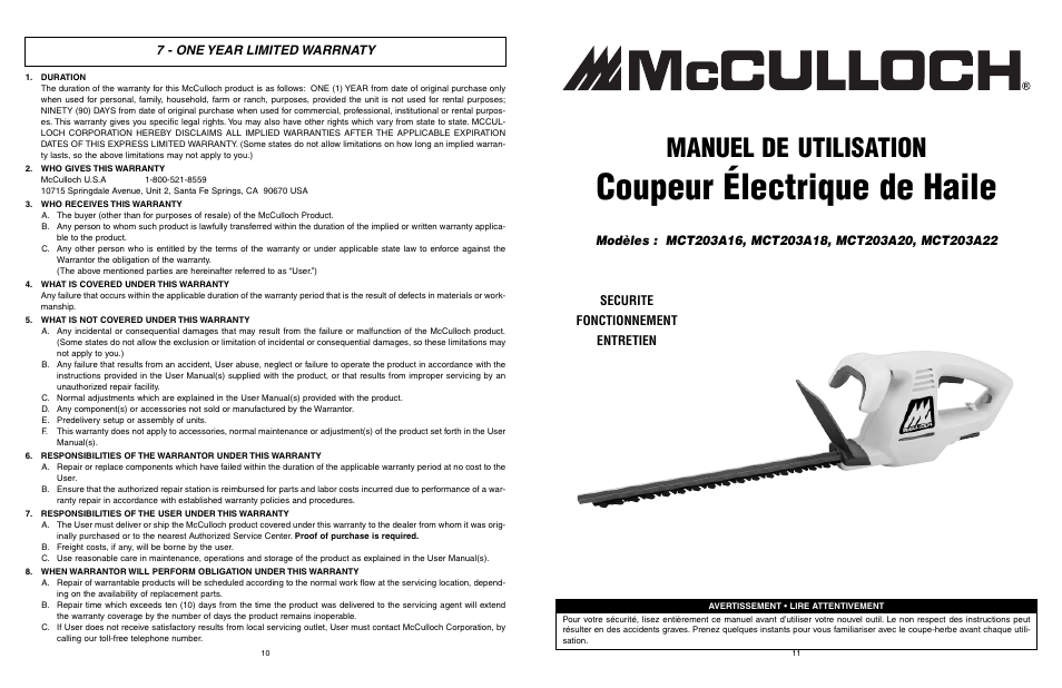 Coupeur électrique de haile, Manuel de utilisation, 7 - one year limited warrnaty | McCulloch MCT203A20 User Manual | Page 6 / 17