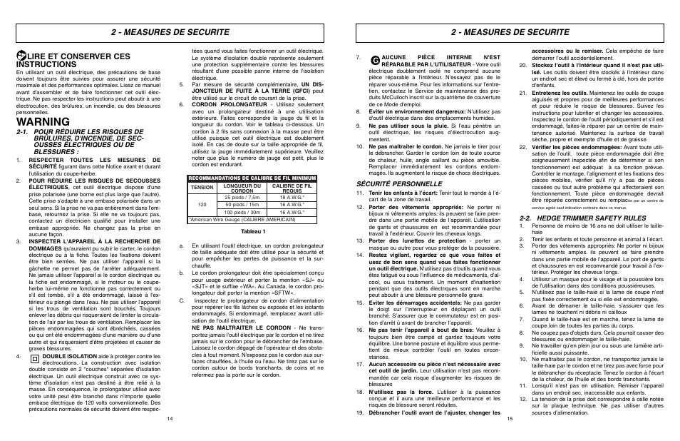 Warning, 2 - measures de securite, Lire et conserver ces instructions | McCulloch MCT203A20 User Manual | Page 8 / 17