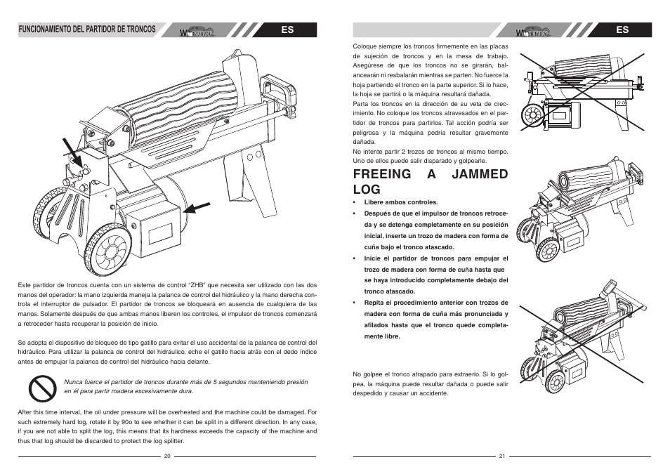 Freeing a jammed log, Es funcionamiento del partidor de troncos es | McCulloch Woodchuck FB4052 User Manual | Page 11 / 17